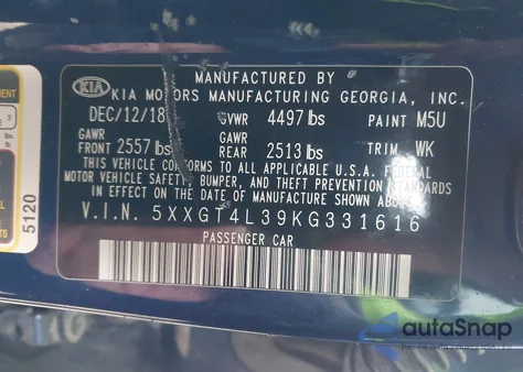 2019 Kia Optima Lx from USA, damaged, VIN 5XXGT4L39KG331616